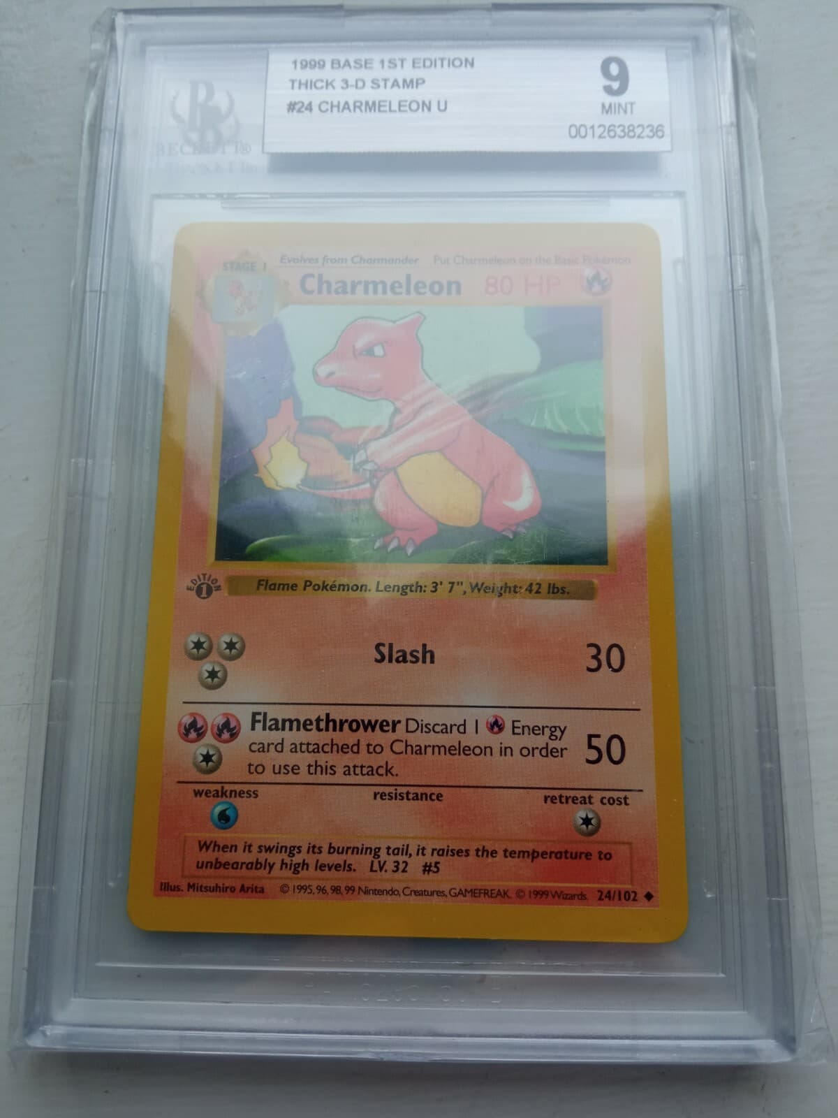 BGS 9 1999 Shadowless First Edition Base Set Charmeleon 24/102 THICK STAMP 3D